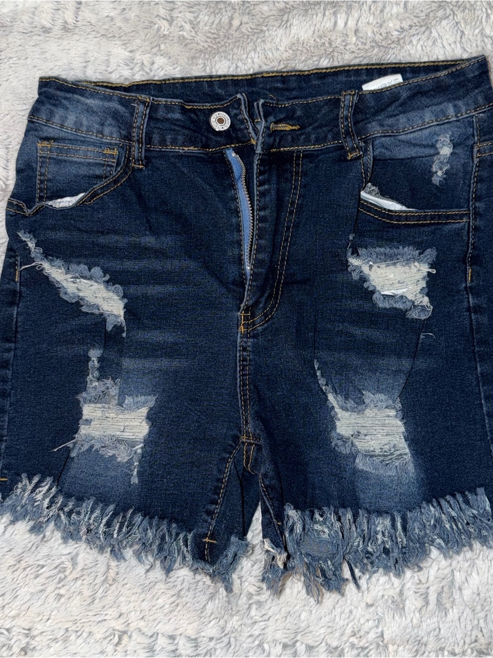 Dark Blue Distressed Denim Shorts - Women